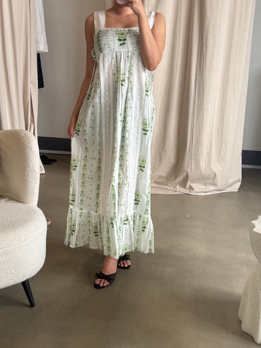 Readystock! Vintage Lace green floral cotton midi dress