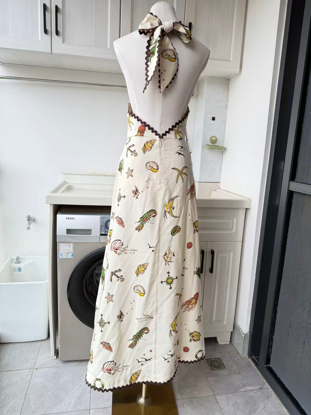 AM Beige cream viscose linen halter neck midi dress