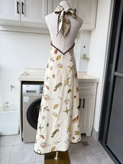 AM Beige cream viscose linen halter neck midi dress