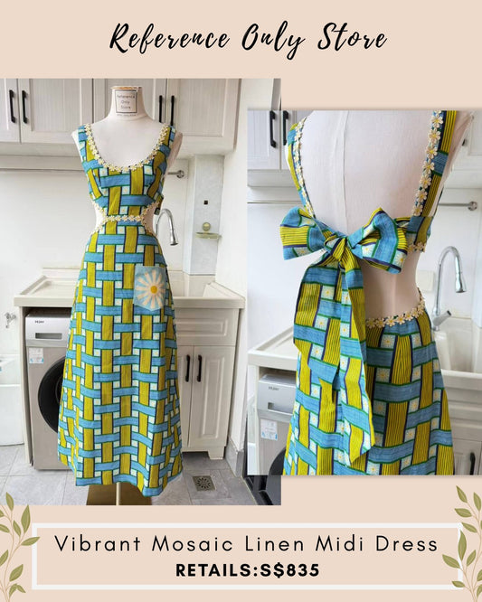 AM vibrant mosaic linen midi dress bow back