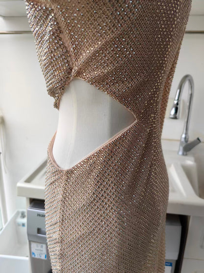 SP champagne rhinestone lace trim mini dress