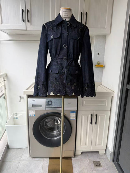 VB Indigo eyelet cotton top, pants and jacket