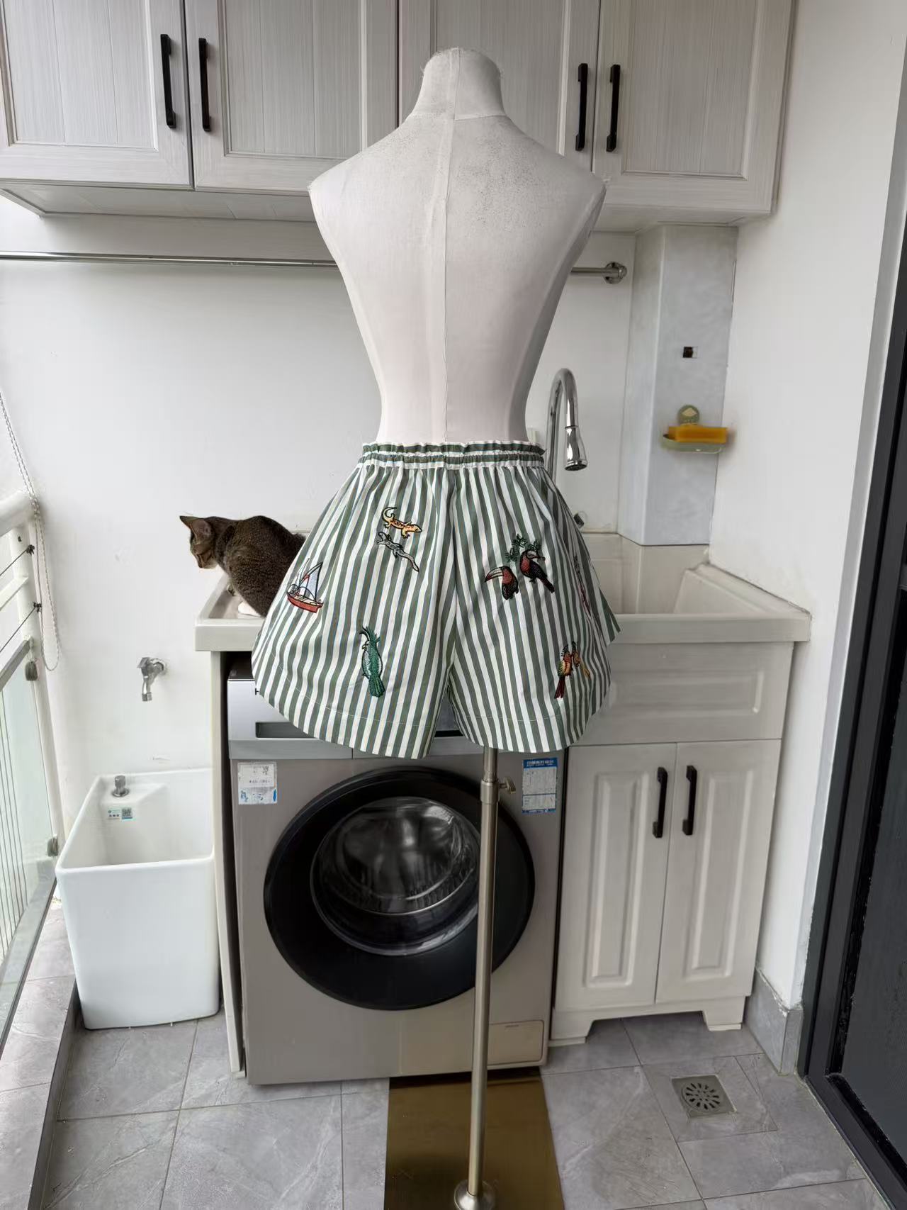 AM Green Stripe Embroidered cotton shirt and shorts set
