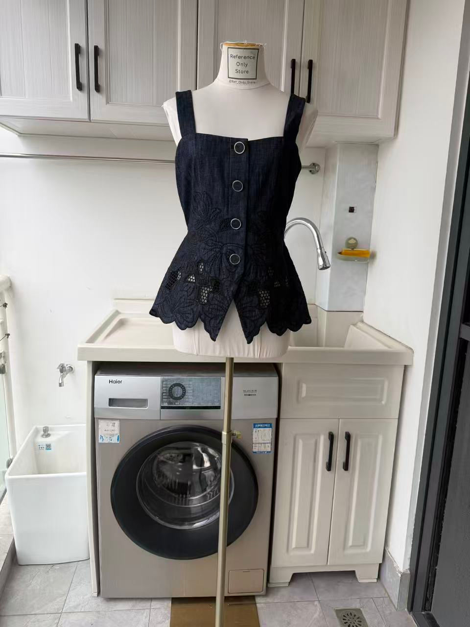 VB Indigo eyelet cotton top, pants and jacket