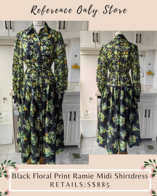 AM Black Floral print ramie midi dress