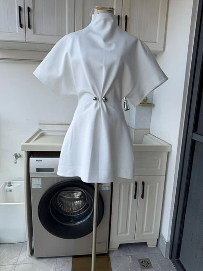 Wide sleeves rayon blend mini dress with metal brooch gathered waist