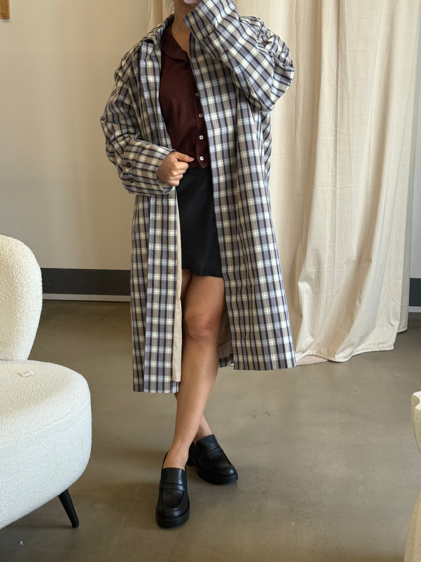 TR Tavishina silk cotton check long coat