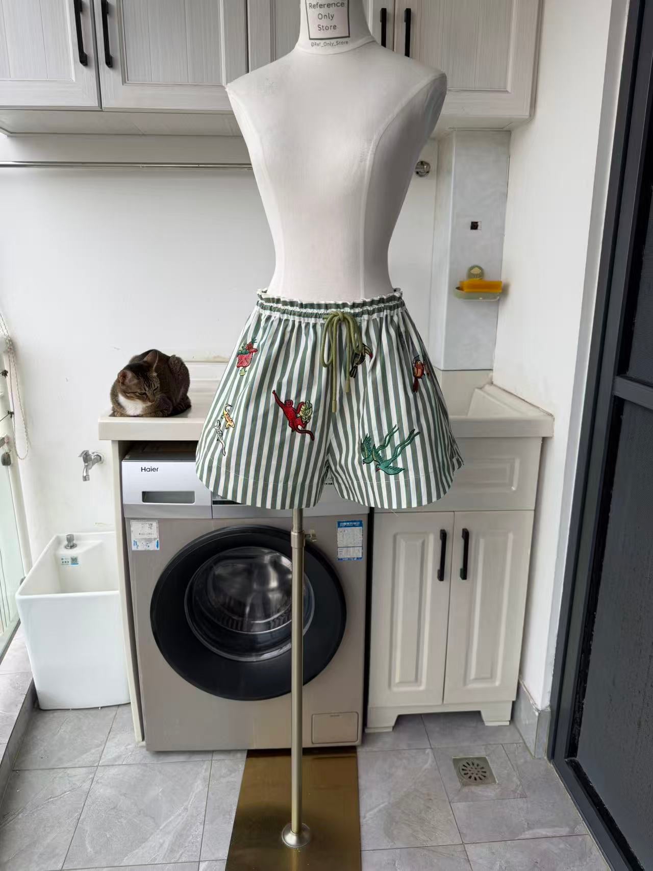 AM Green Stripe Embroidered cotton shirt and shorts set