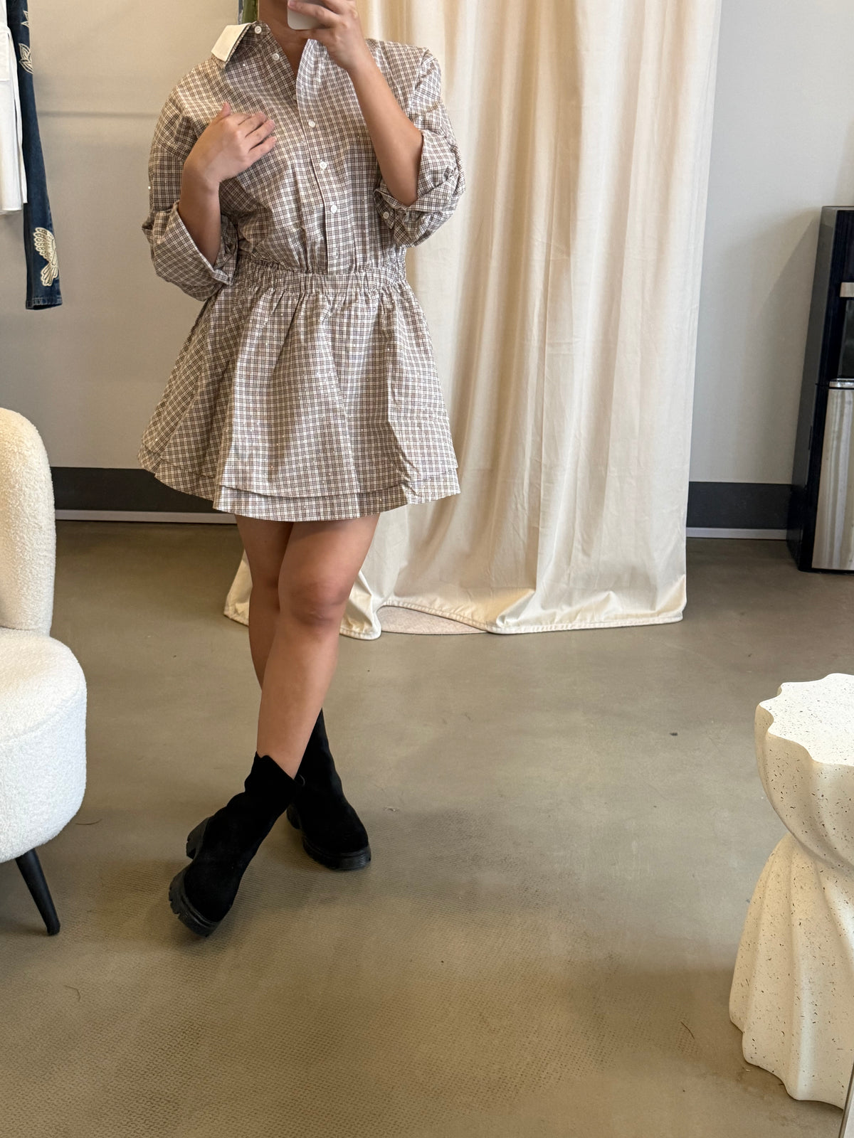Short rhinestone checked cotton mini dress