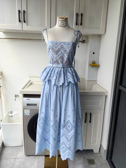 SP Blue cotton Broderie top & midi skirt