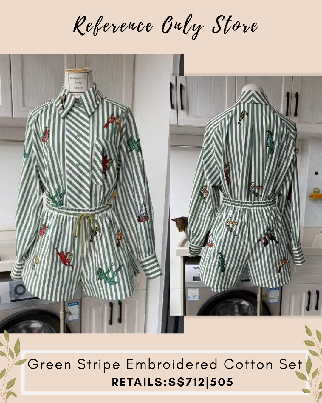 AM Green Stripe Embroidered cotton shirt and shorts set