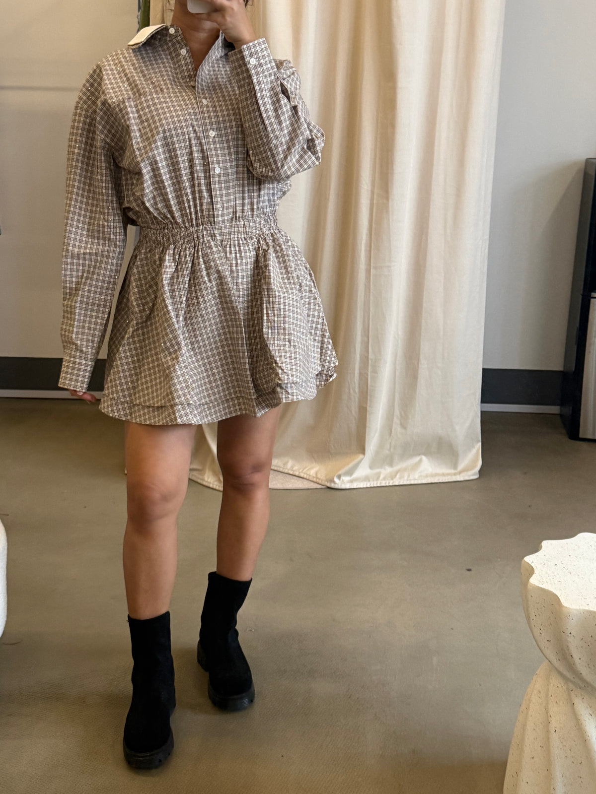 Short rhinestone checked cotton mini dress