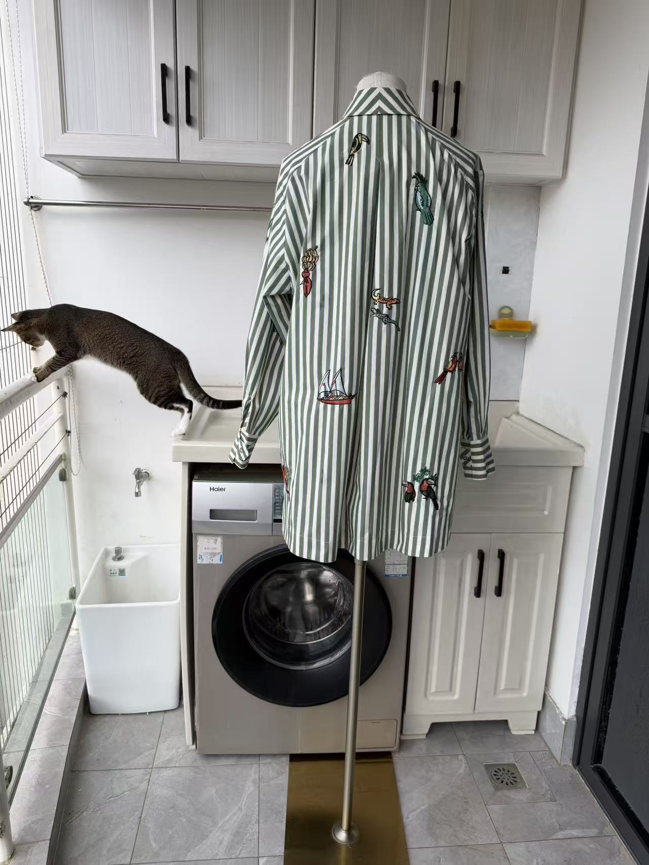 AM Green Stripe Embroidered cotton shirt and shorts set