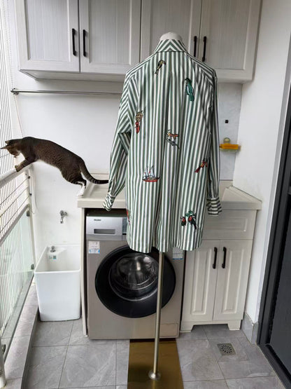 AM Green Stripe Embroidered cotton shirt and shorts set