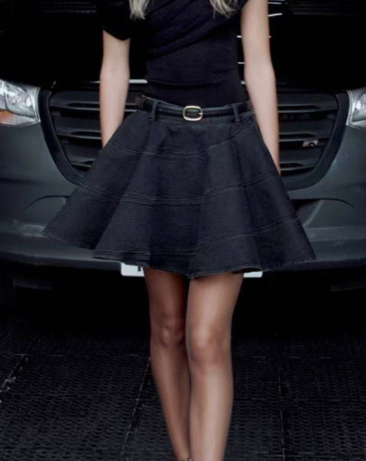 SP black flared denim cotton mini skirt