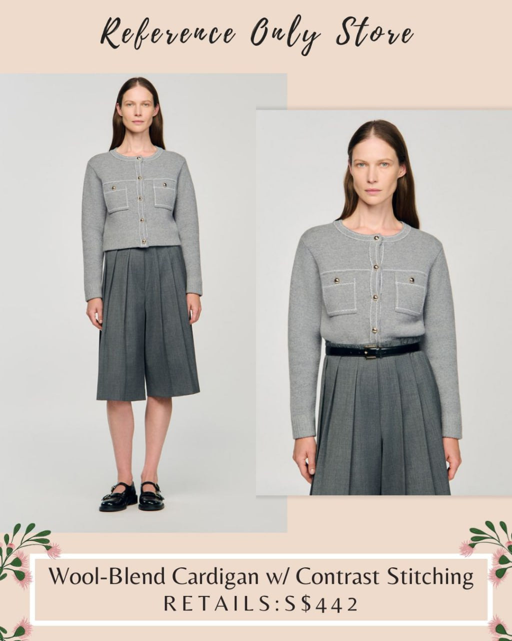 SD Grey wool blend cardigan w contrast stitching