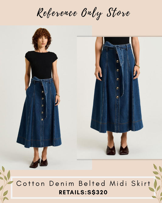 VM Denim belted cotton midi skirt