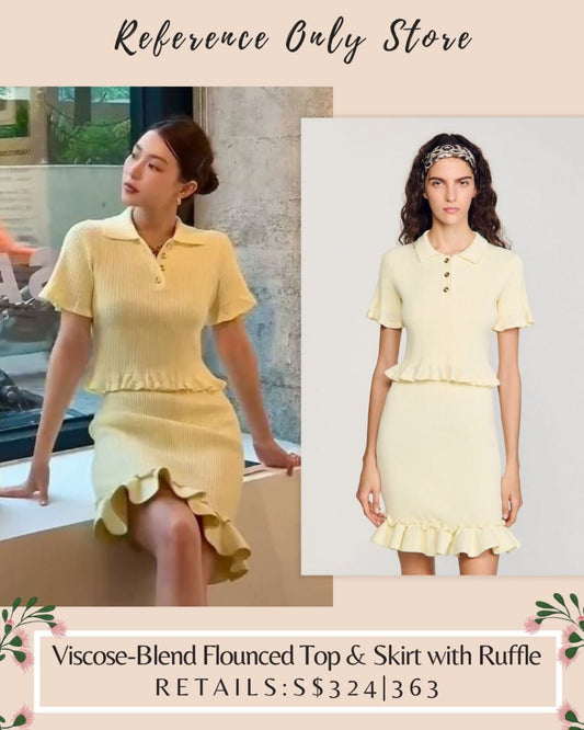 SD yellow viscose blend flounce top and skirt with ruffle