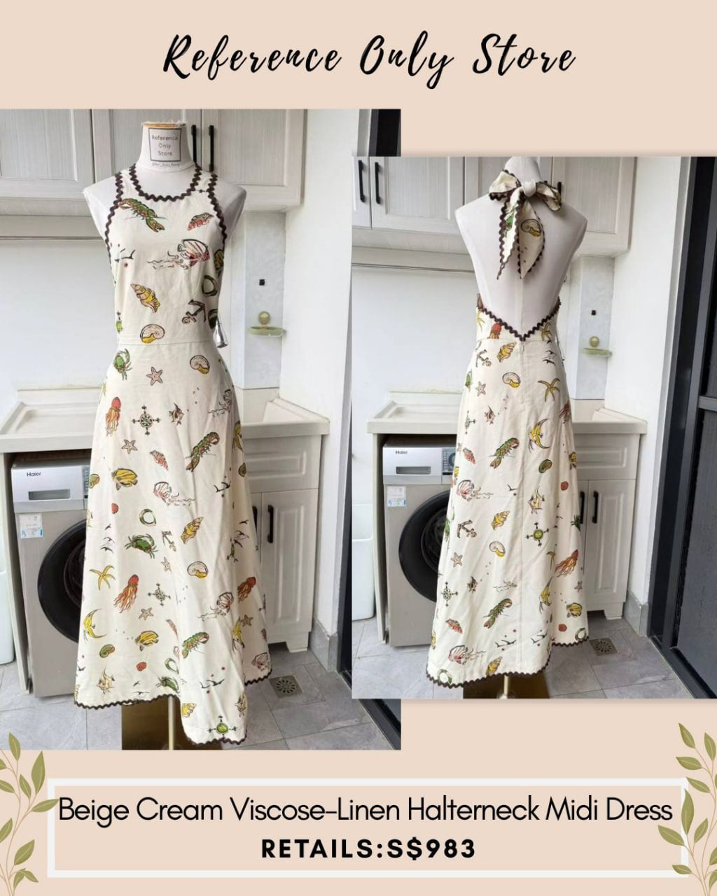 AM Beige cream viscose linen halter neck midi dress