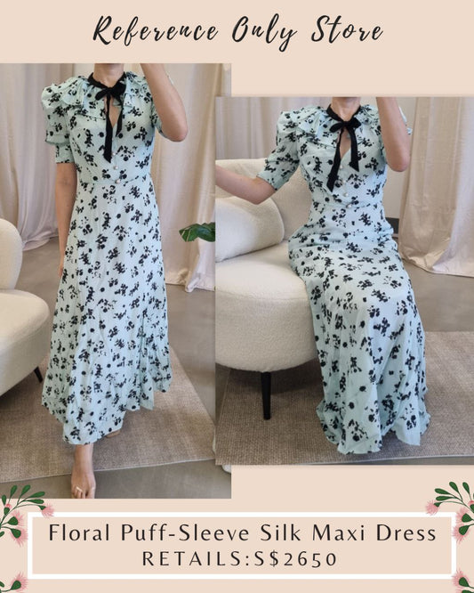 AR Floral Silk Puff Sleeve Midi Dress