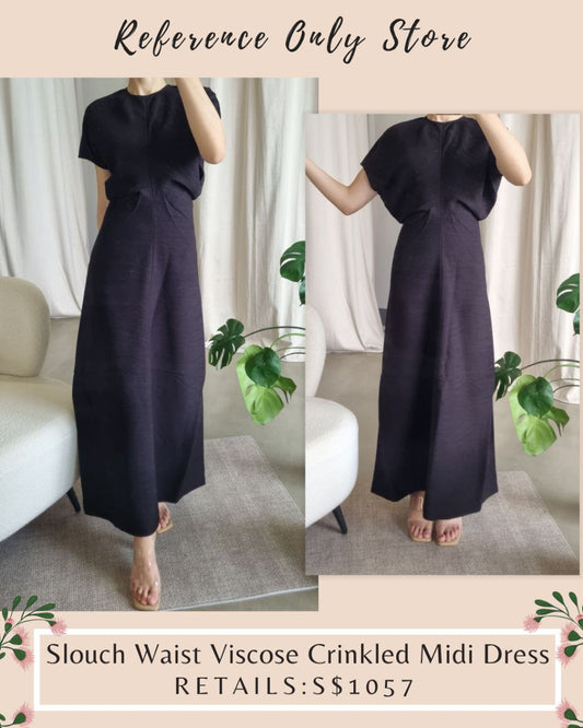 Tot Black Slouch Waist Viscose crinkled midi dress