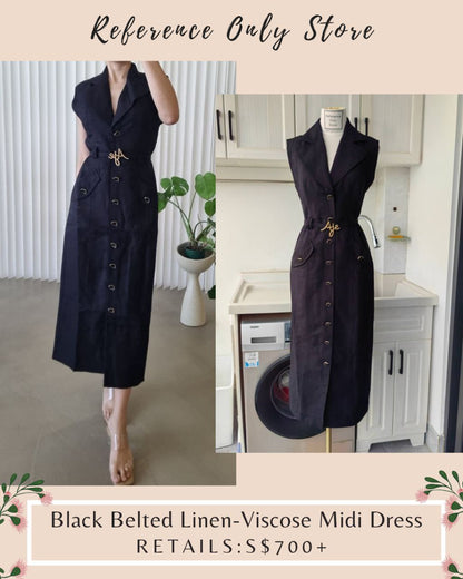 AJ Linen Viscose Logo Belt Midi collar black dress