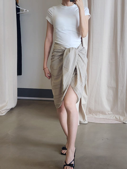 Tot cotton silk blend striped monogram cotton silk sarong skirt