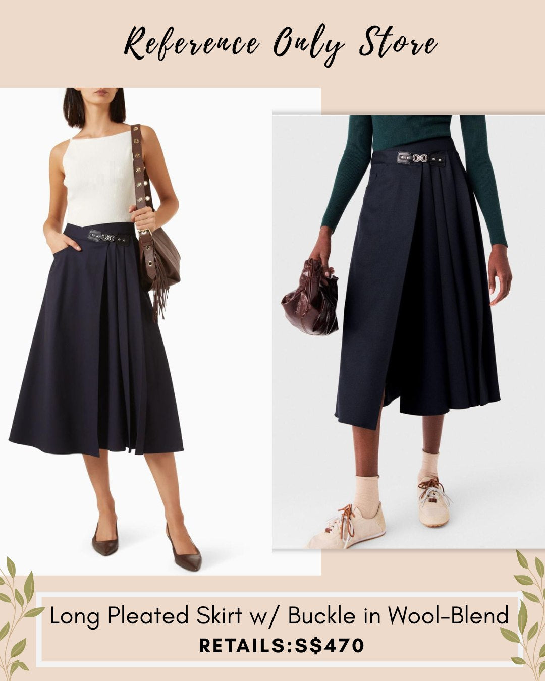 MJ Long pleated skirt w buckle in wool blend
