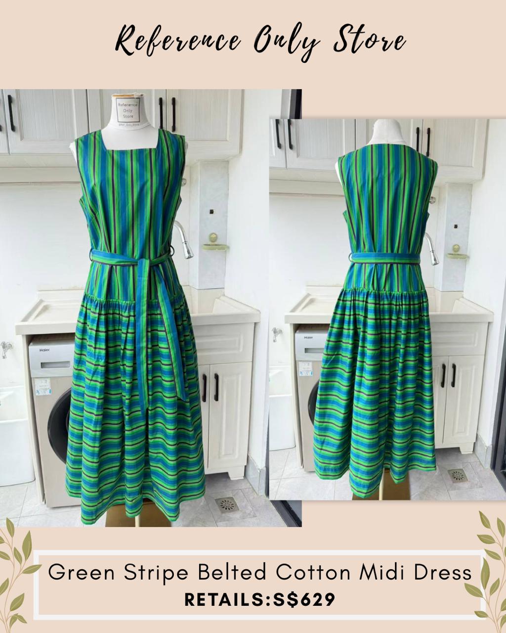 AM Green stripe belted midi dress