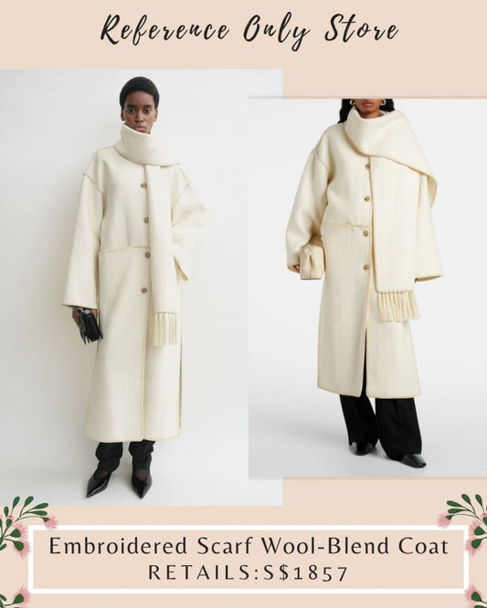 Tot Embroidered Wool Blend Scarf Coat in ivory