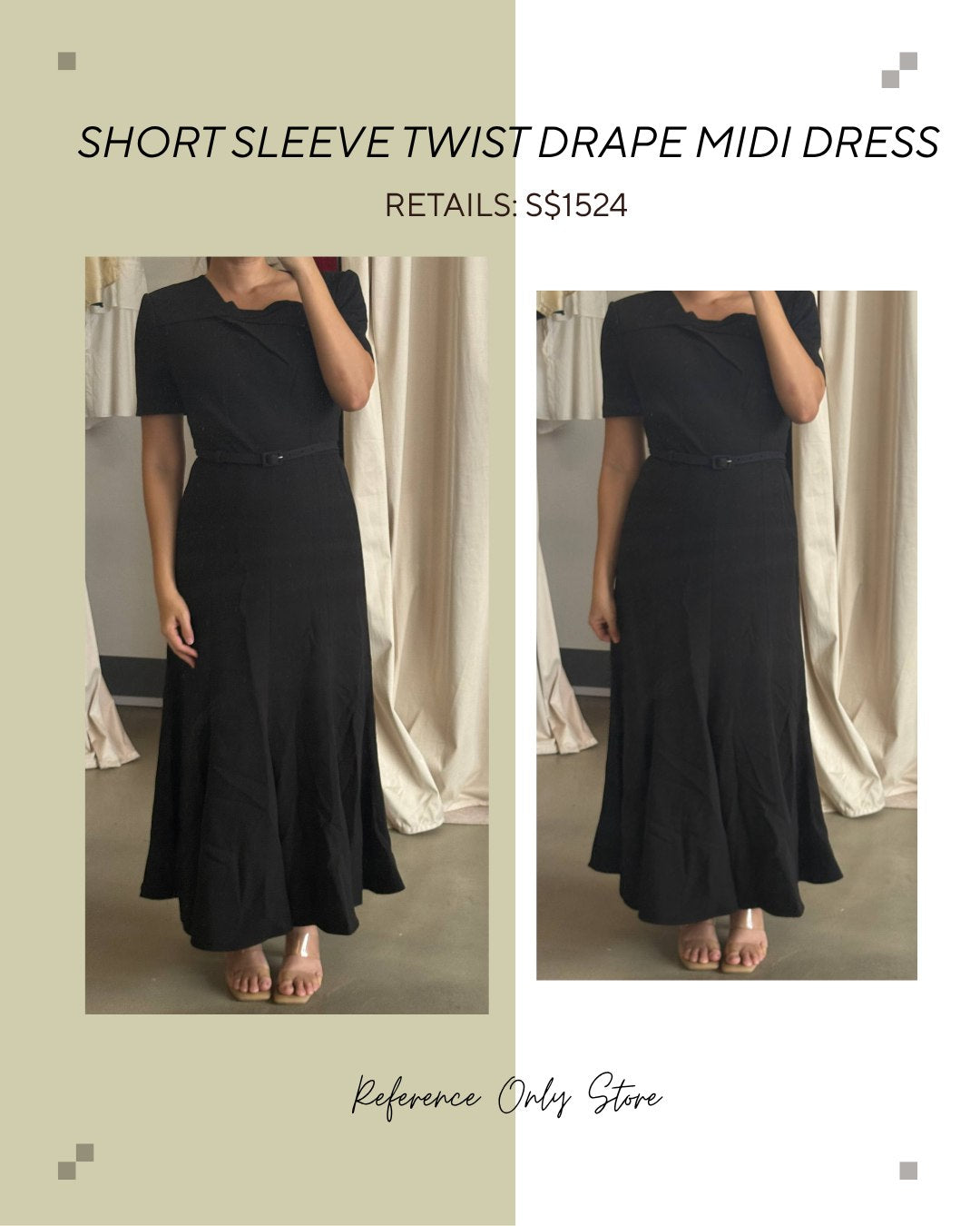 Black short sleeve twist drape midi dress