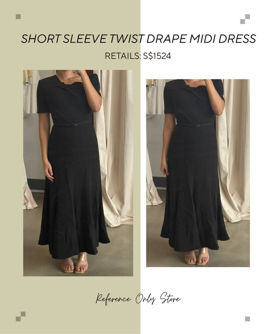 RM Black short sleeve twist drape midi dress