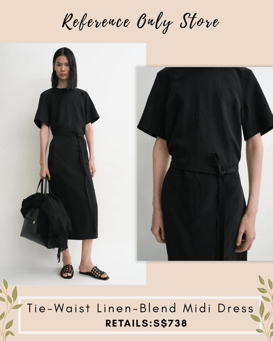 tot Linen Blend tie waist black midi dress