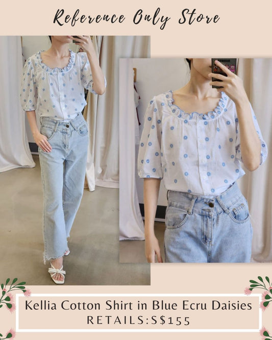 SZ Kellia cotton ivory shirt blue ecru daisies