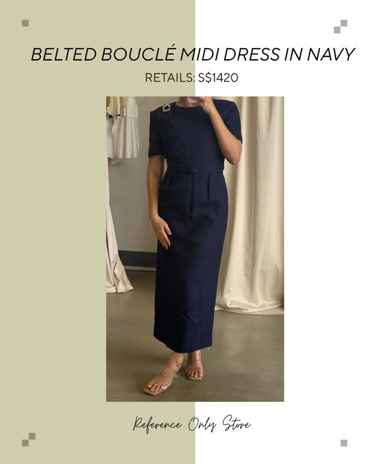 RM belted boucle midi dress in navy