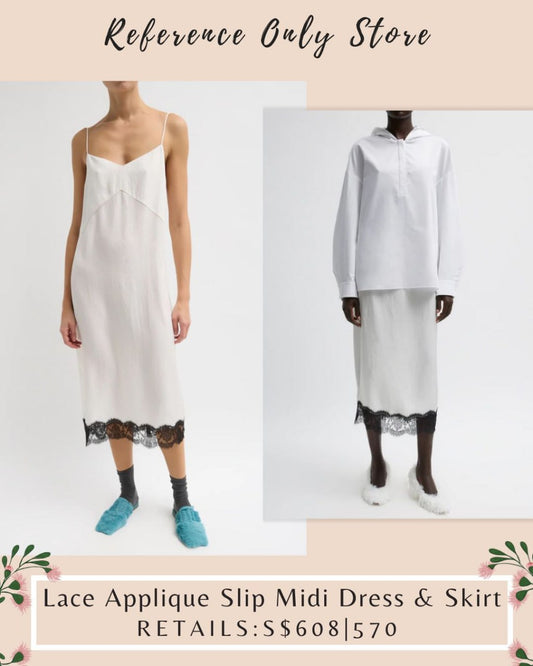 TB Lace applique slip midi dress | midi skirt in ivory white, black trim