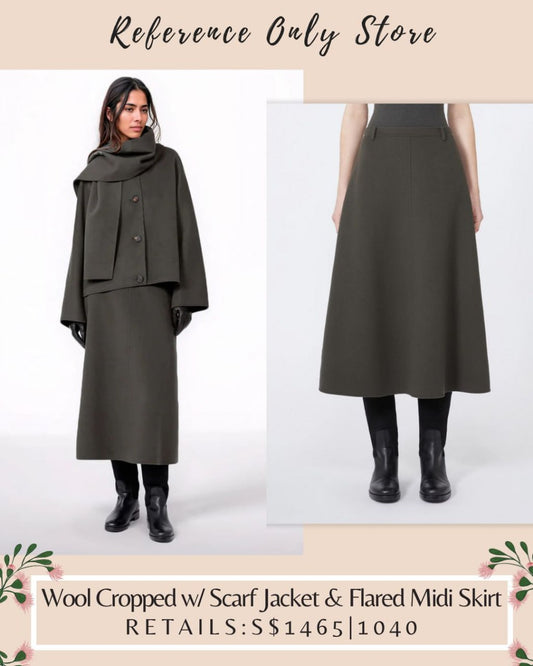 MM Wool cropped w scarf jacket and flared midi skirt