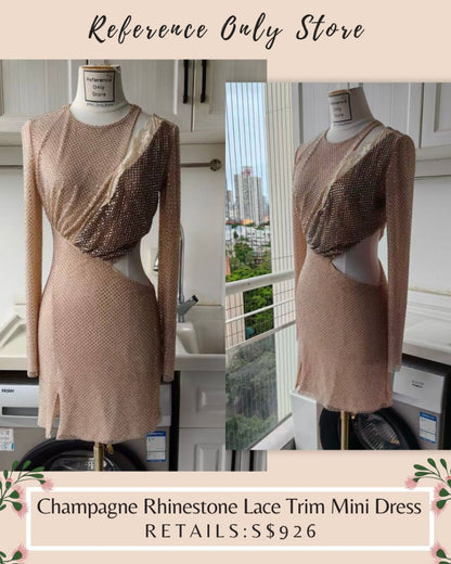 SP champagne rhinestone lace trim mini dress