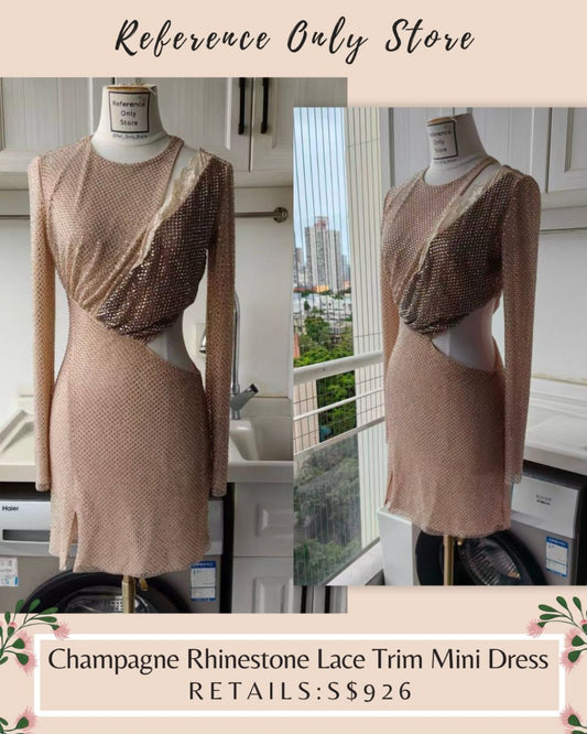 SP champagne rhinestone lace trim mini dress