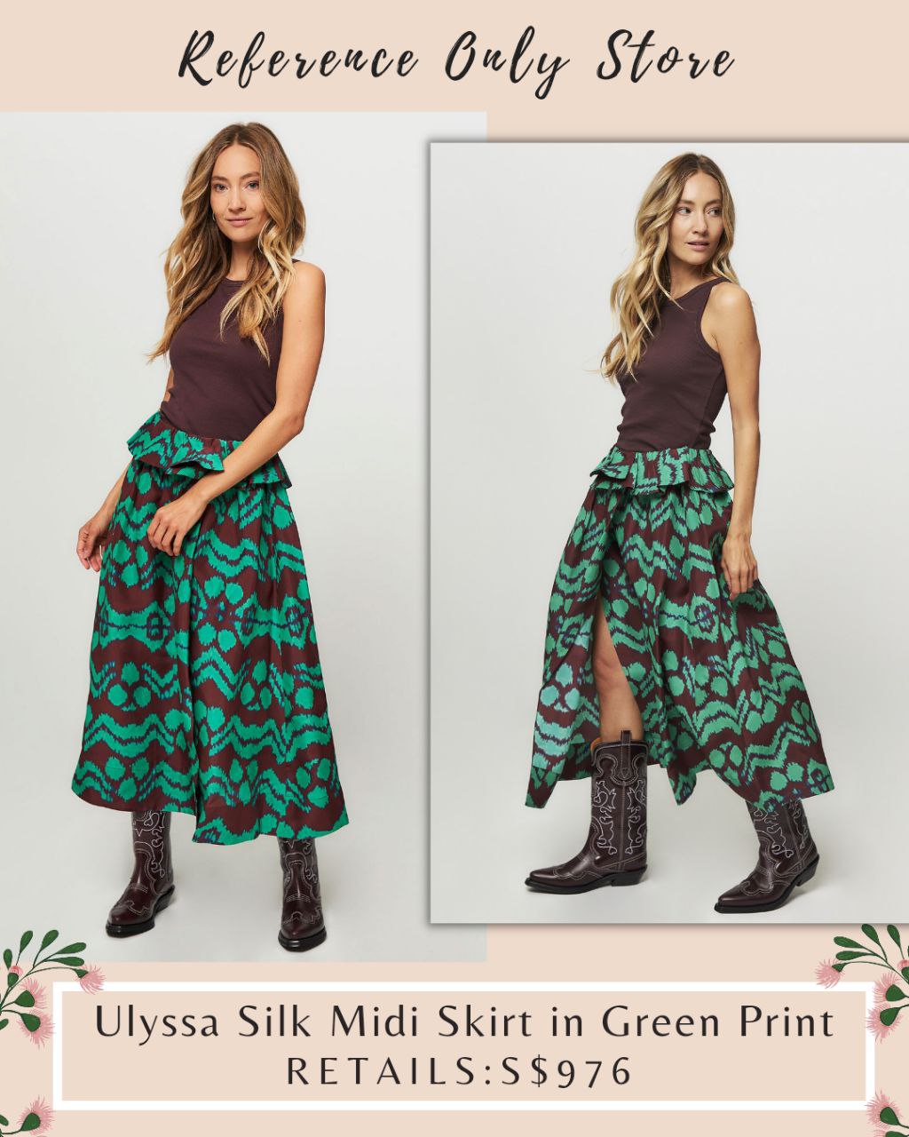 UJ Ulyssa Silk Midi Skirt in Green print