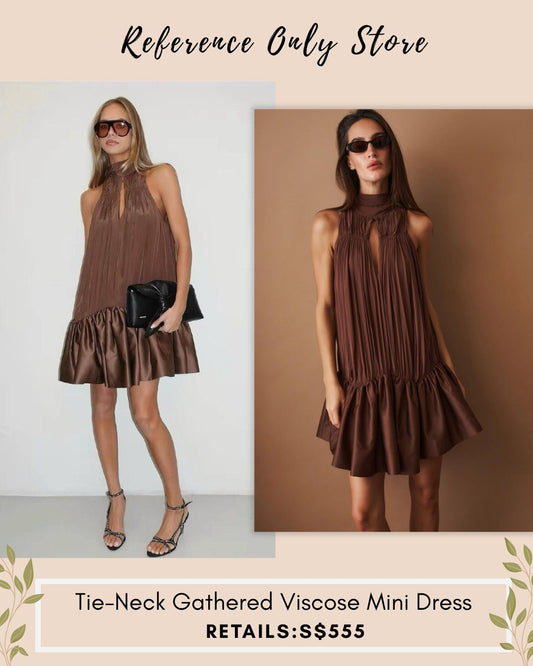 RTT Tie neck gathered brown viscose mini dress
