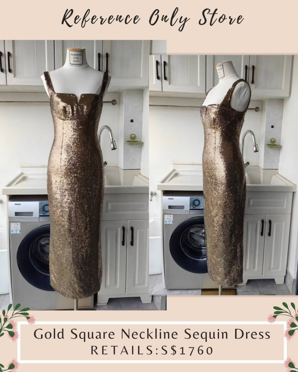 RM Gold Square Neckline midi dress