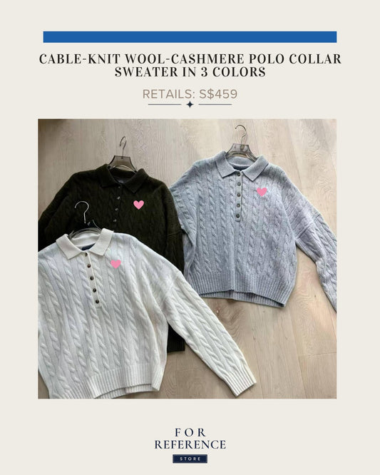 Cable knit wool cashmere polo collar sweater jumper in 3 colors