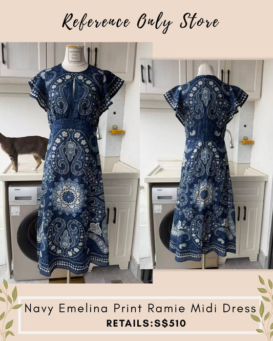 SE Emelina print navy ramie midi dress