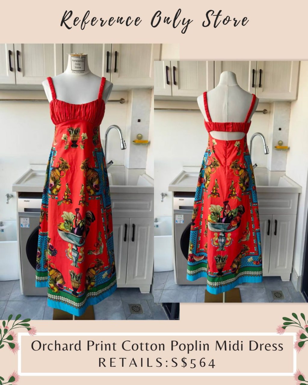 AM Orchard Print cotton poplin midi red dress