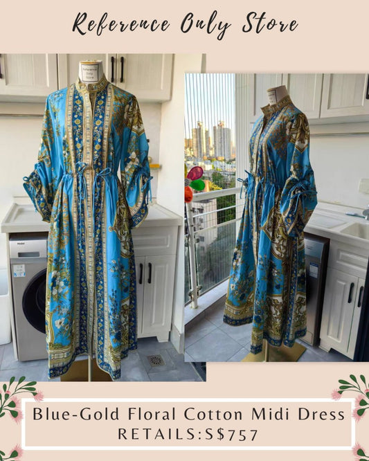AM Blue Gold floral cotton midi dress
