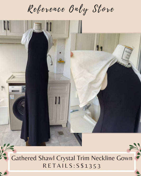 RM Gathered Shawl Crystal trim neckline maxi dress gown