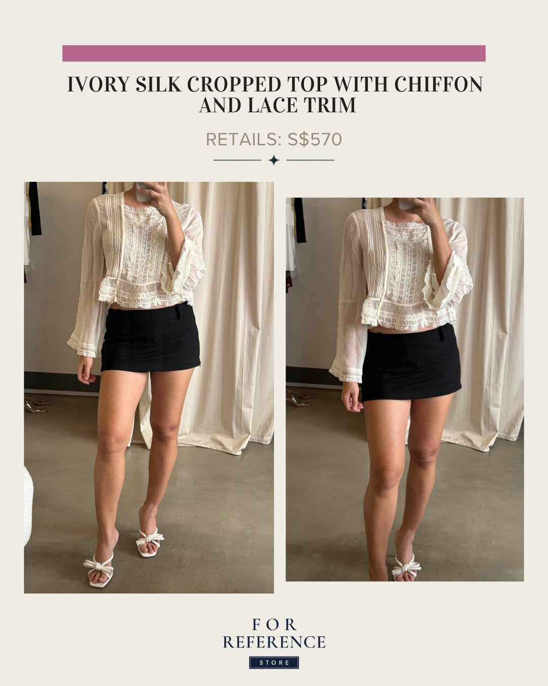 Ivory silk chiffon lace trimmed cropped top