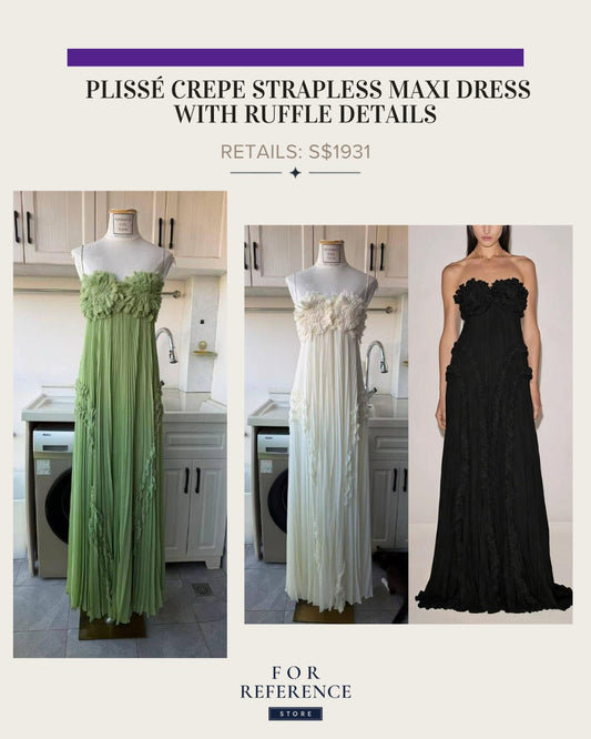Plisse Crepe Strapless maxi dress gown with ruffle details