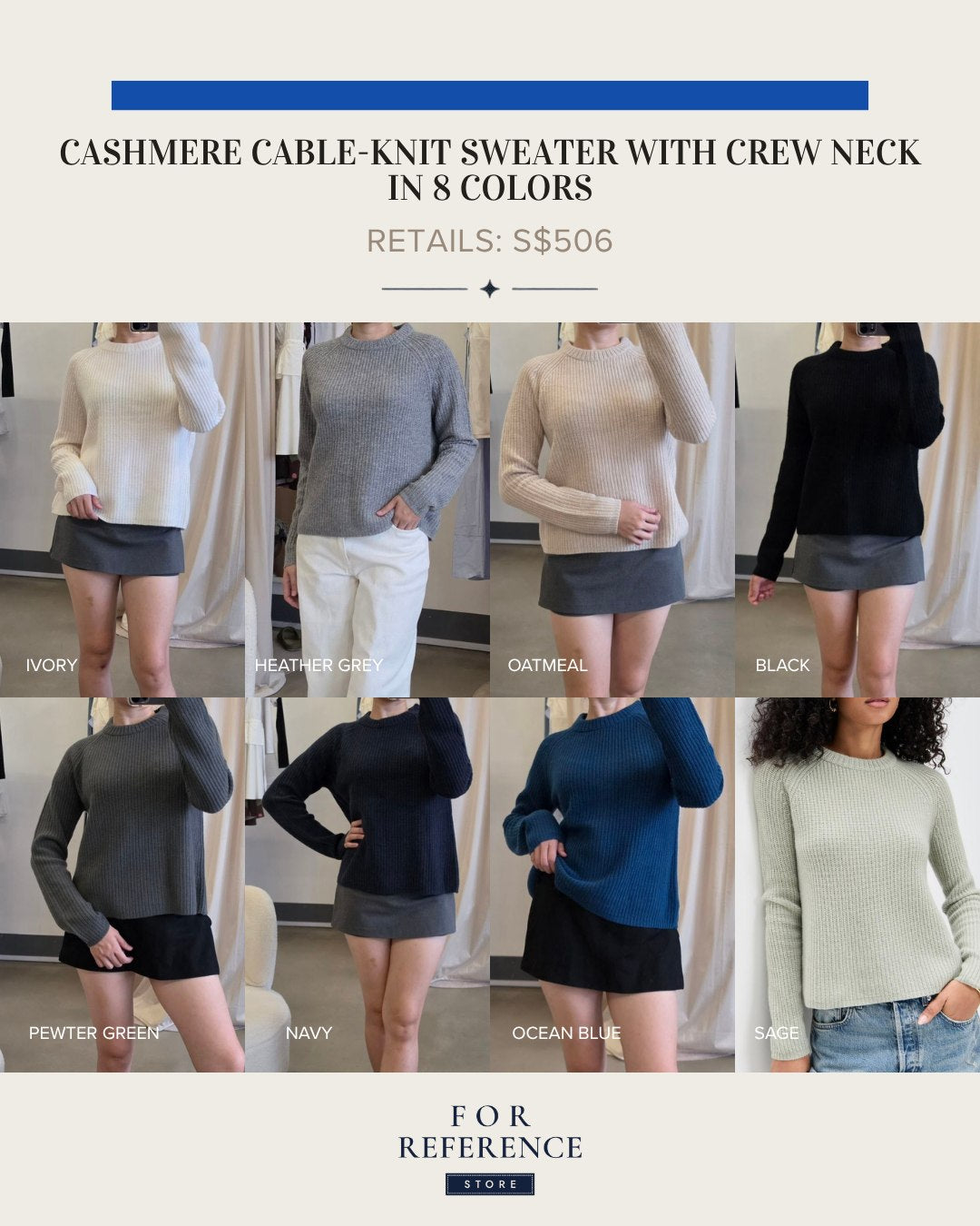 Cashmere cable knit sweater with crew neck in 7 colors